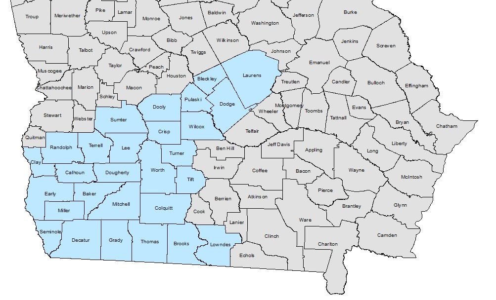 Bottom half of county map of Georgia, showing disaster area (in blue) established in Executive Order 11.06.18.01