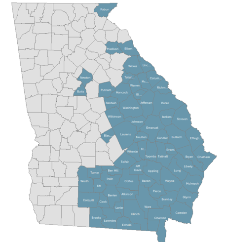 County map of Georgia with counties highlighted blue to indicate they were included in the Governor's Order issues on Oct 29, 2024.