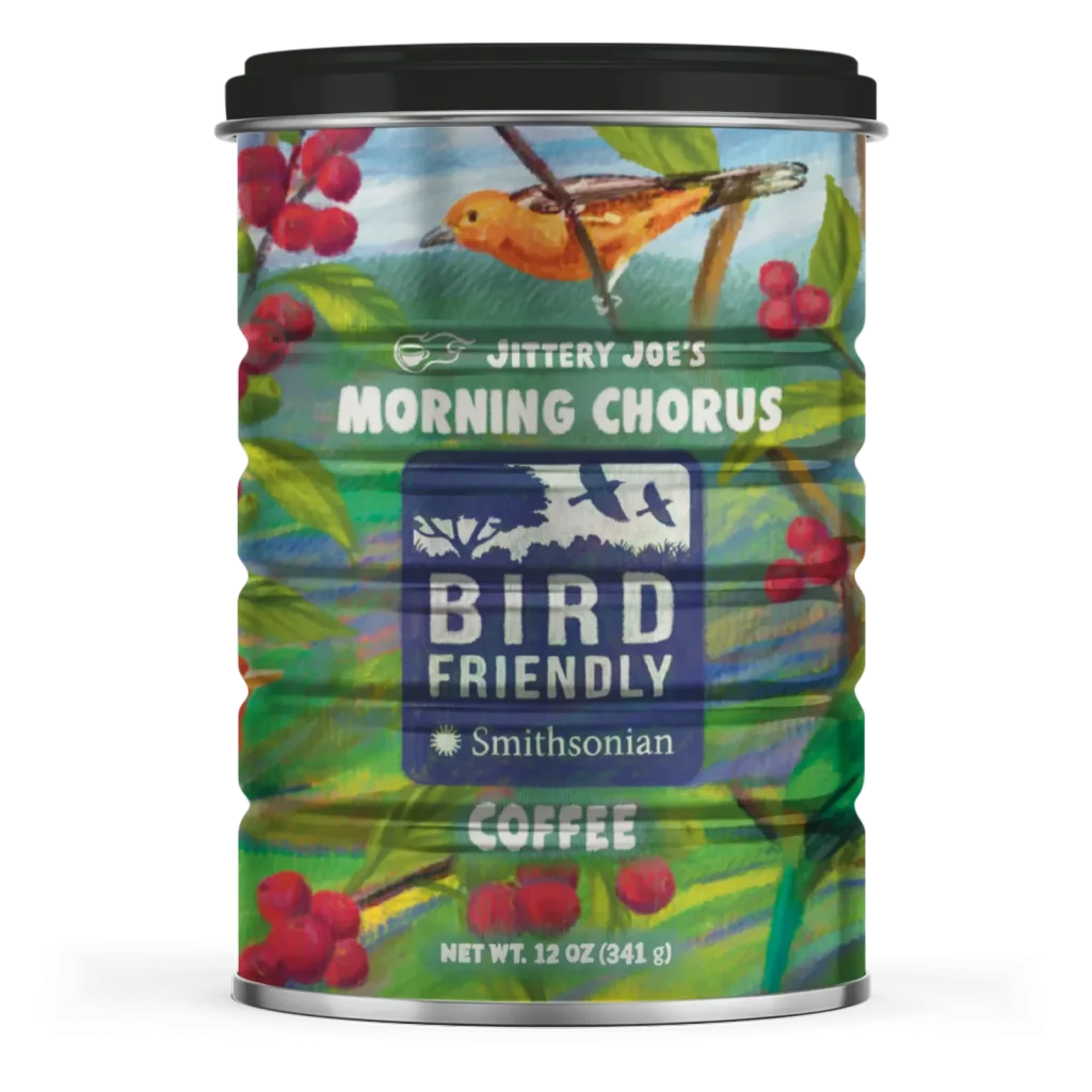 Can of Morning Chorus Coffee from Jittery Joe's.